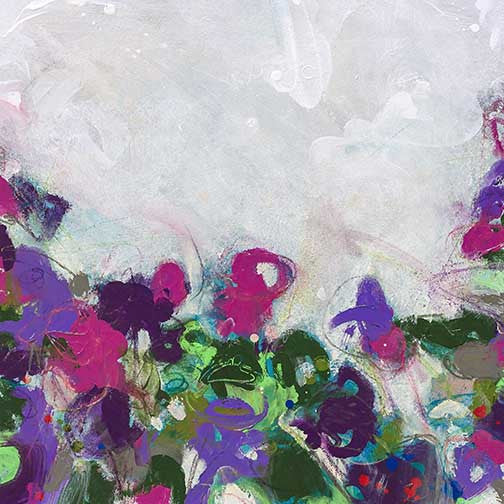 Abstract garden scene bursting with vivid purples, fuchsias, and leafy greens layered over a soft, dreamy haze.