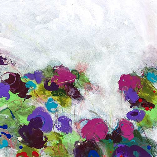 Abstract floral painting exploding with lush greens, deep purples, and bold pinks beneath a soft, airy sky, expressive and full of bloom.
