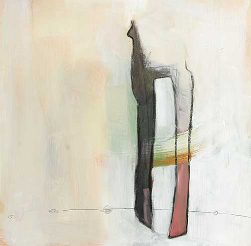 Minimal abstract composition with soft neutrals and bold vertical shapes, evoking cosmic suggestion and structures born from silence.