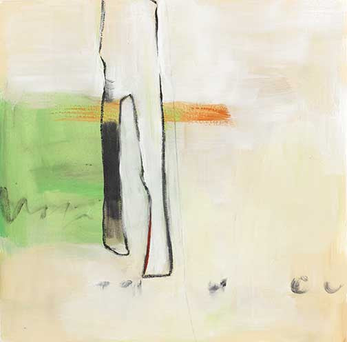 Minimal abstract composition balancing soft neutrals with bold vertical shapes, suggesting cosmic figures or structures born from silence.