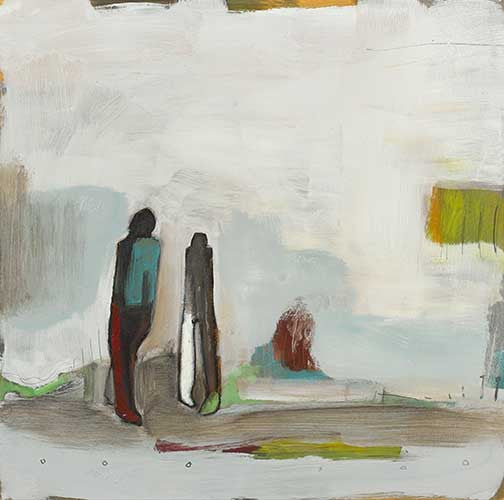 Abstract urban painting with muted tones and soft figurative forms, evoking a dreamlike, atmospheric cityscape.