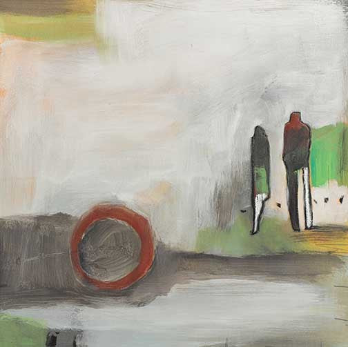 Dreamlike abstract painting with figurative forms, muted tones, and soft color accents suggesting a quiet urban landscape.