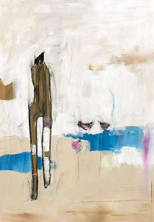 Atmospheric urban abstraction with figurative forms, muted tones, and soft color accents in a dreamlike cityscape.