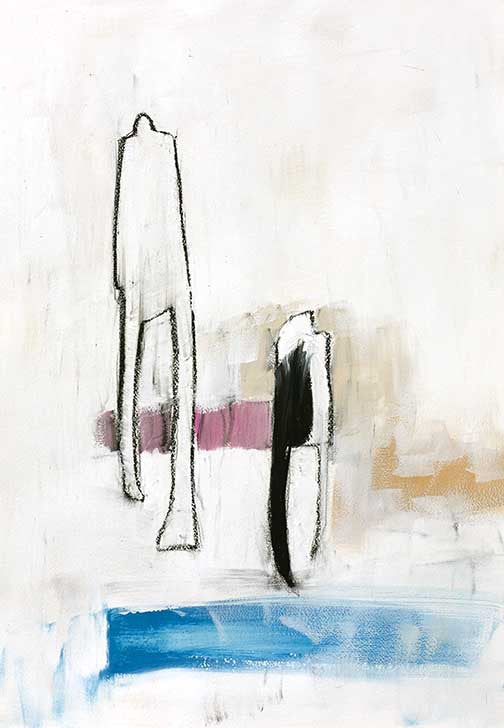 Modern urban abstraction with figurative forms, muted tones, and soft color accents in a dreamlike cityscape.