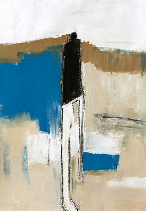 Modern color abstraction in mustard, blush, and cobalt tones, featuring expressive brushwork and minimalist balance.