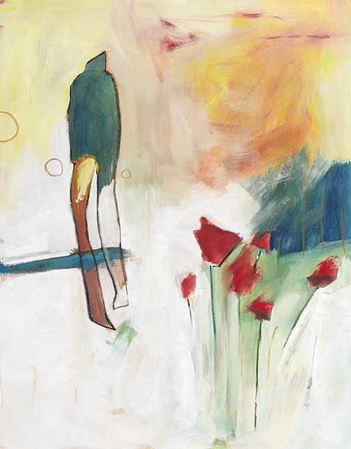 Playful figurative artwork with vibrant figure in reds, greens, and blush tones, evoking joy and expressive motion.