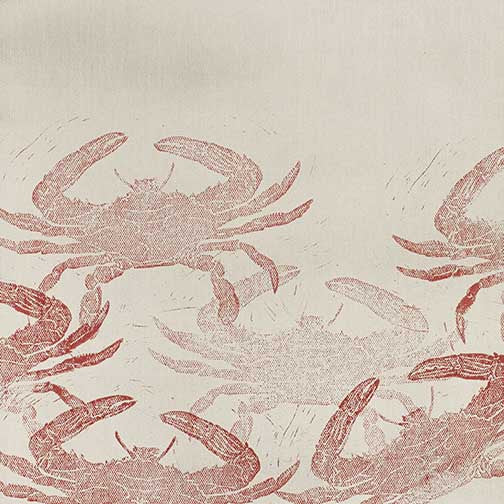 Vintage coastal art print with soft red crab silhouettes on a sandy beige background, evoking nautical nostalgia.