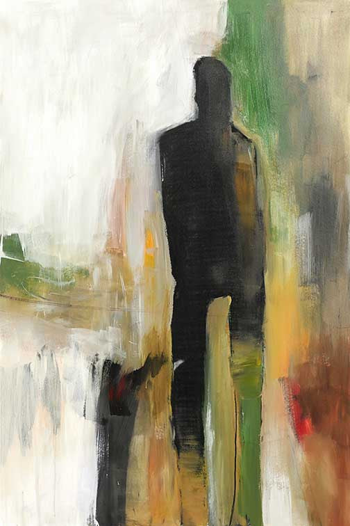 Moody abstract figure painting cloaked in deep blacks and earthy tones, walking the line between presence and disappearance.