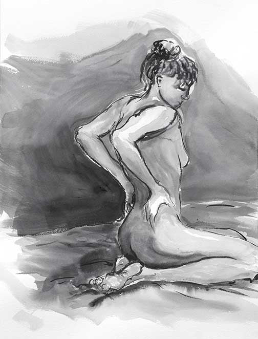 Expressive nude art with fluid ink washes and bold contours, showing strength, softness, and quiet vulnerability in the figure.