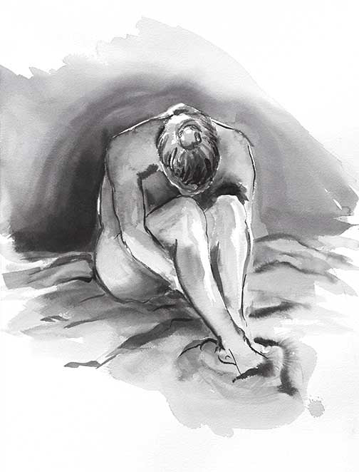 Seated figure ink sketch with soft shadows and fluid lines, showing contemplative presence and timeless simplicity.