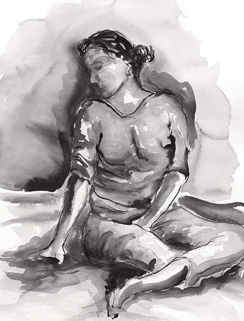 Ink nude sketch with soft washes and delicate lines, showing a quiet moment of reflection with raw, timeless beauty.
