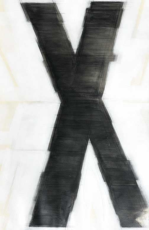 Bold graphic abstraction with a layered black “X” and ghostly outlines, evoking motion, tension, and modern power.