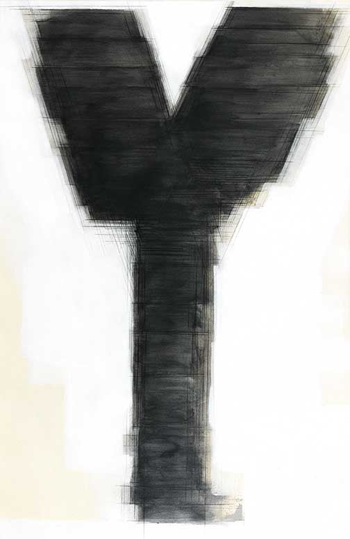 Typographic abstraction featuring a bold graphite “Y” formed from layered strokes, evoking motion and minimalist strength.