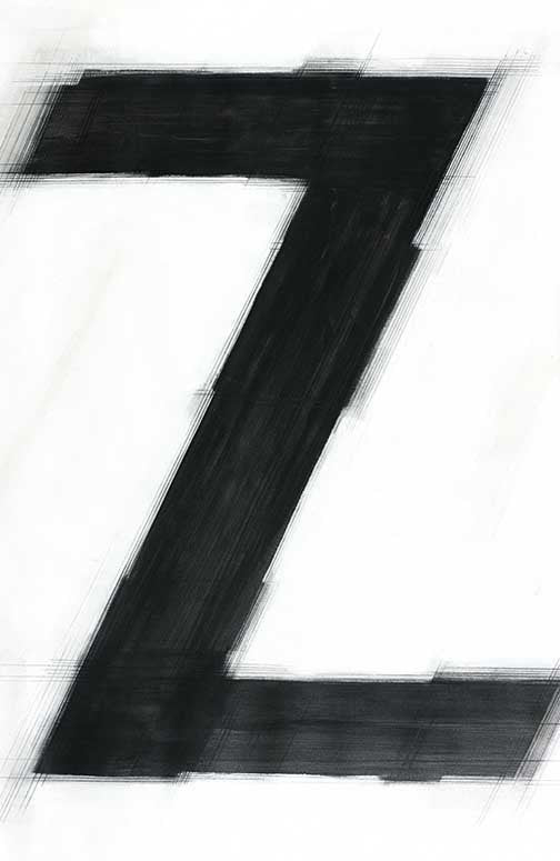 Minimalist typographic painting with graphite “Z” and layered lines, evoking motion, contrast, and modern graphic energy.