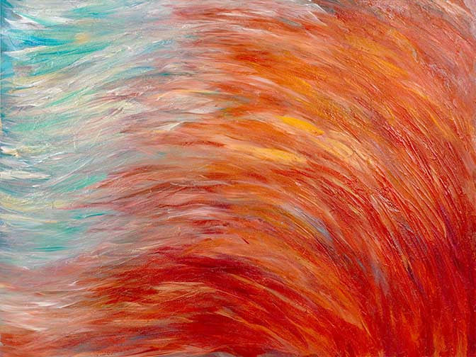 Fluid abstract painting in fiery red and cool aqua tones, evoking motion, energy, and dynamic oceanic flow.