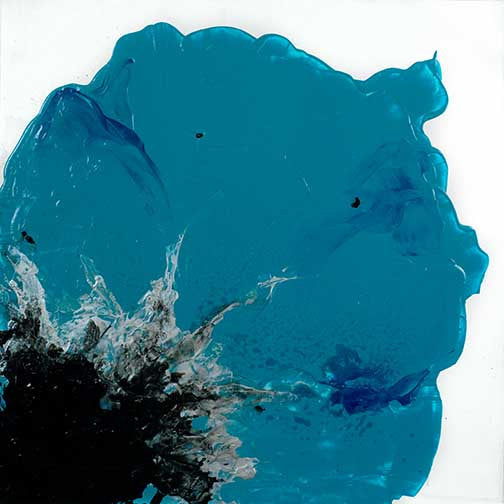 Bold ink abstraction in deep cyan and black, resembling a bloom or splash, evoking energy and organic motion.