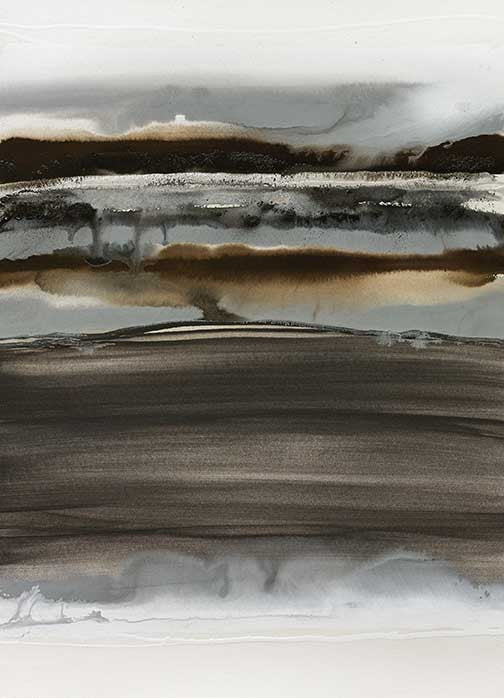 Neutral abstract watercolor in charcoal, taupe, and white tones, evoking landscapes, calm, and modern serenity.