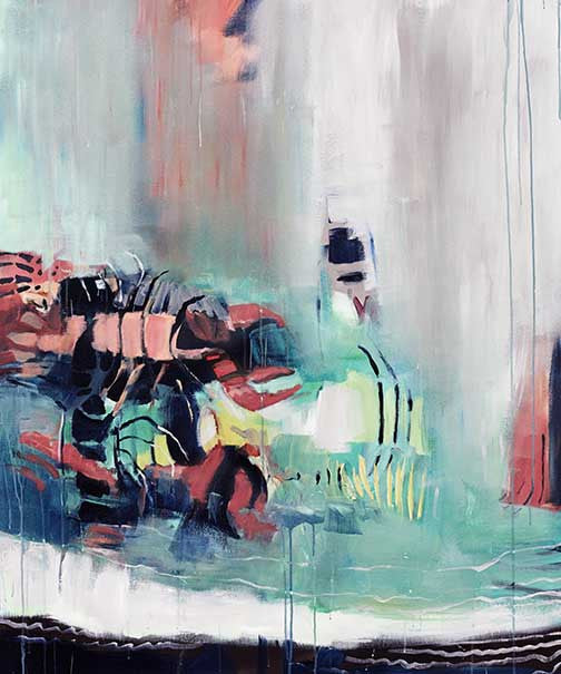 Abstract lobster art in layered brushstrokes of coral, mint, and inky black, creating a playful yet surreal marine still life.