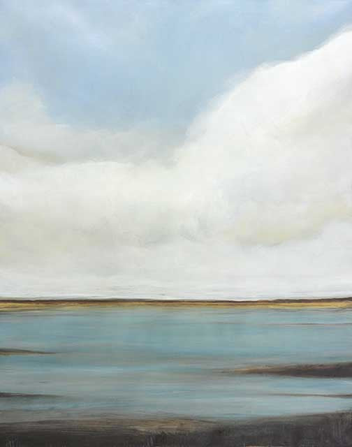 Serene landscape painting in soft sky blues and muted earth tones, evoking calm, stillness, and minimalist balance.
