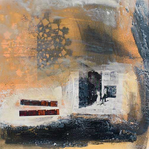 Layered mixed media abstract artwork featuring warm ochres, textured blacks, and fragmented imagery evoking memory, architecture, and fleeting moments. Mysterious and tactile composition.