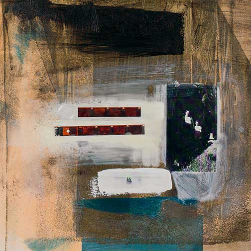 Textured abstract painting with layered ochres, blacks, and fragmented imagery evoking memory and architecture.