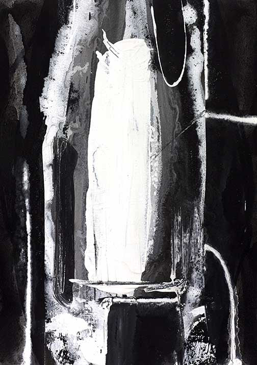 Black and white abstract painting with bold textures and ghostly vertical forms, evoking contrast and modern tension.