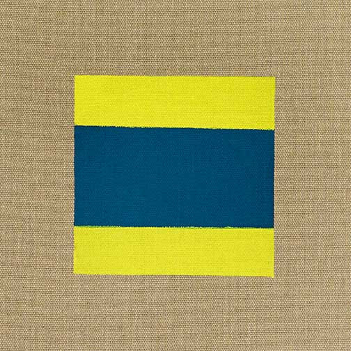 Modern abstract painting with icy blues, greens, and rust tones, combining textured gestures and bold geometry in a layered design.