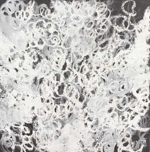 Hypnotic abstract painting in black and white with swirling patterns, evoking motion, depth, and meditative texture.