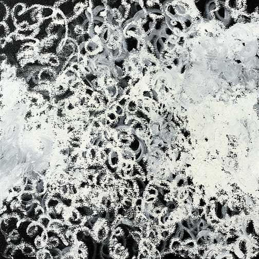 Textured modern painting with swirling white patterns over a dark background, evoking abstract motion and depth.