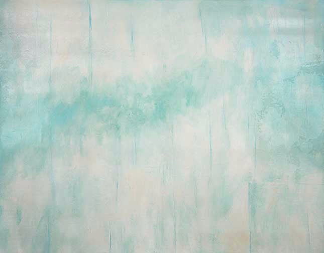 Abstract aqua painting in pale aqua and ivory tones, evoking mist, memory, and fading horizons with a soft minimalist style.