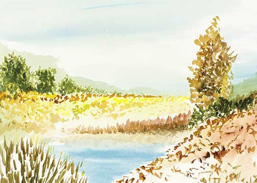 Watercolor landscape painting with golden fields, greenery, and a calm stream in soft light tones.