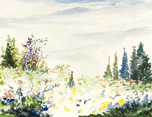 Impressionistic landscape painting with golden fields, greenery, and a calm stream in soft watercolor tones.