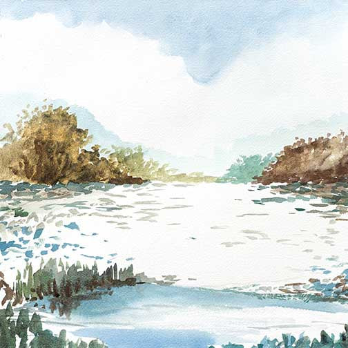 Watercolor landscape art with golden fields, greenery, and a calm stream painted in soft, light tones.