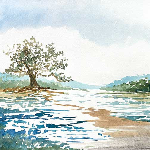 Serene nature painting with a tree and winding river in blue, green, and earthy tones, calm and luminous.