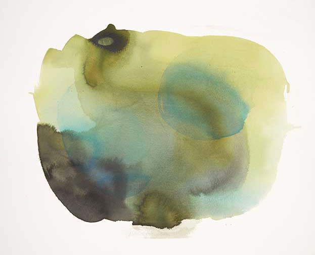 Modern watercolor painting with neutral, blue, green, and yellow tones in a soft abstract design.