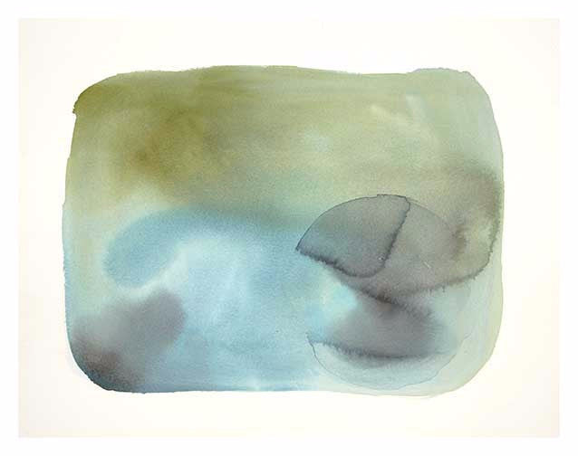 Abstract watercolor art in neutral, blue, and green tones with soft layered washes.