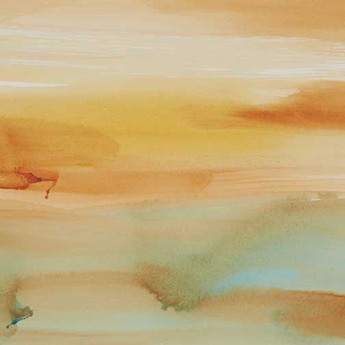 Luminous watercolor painting in amber, peach, and turquoise tones, evoking a soft sunrise or desert mirage.