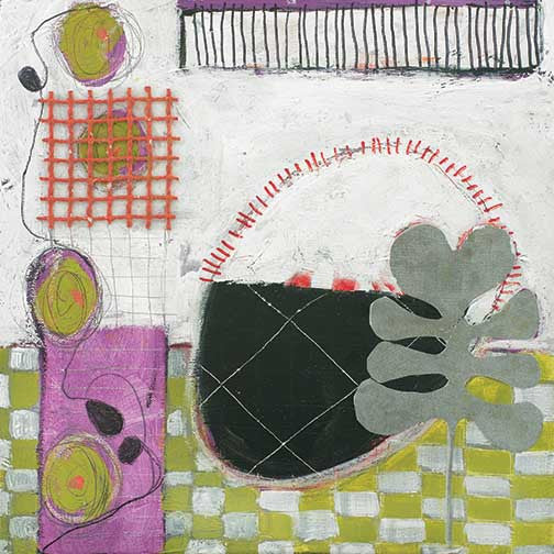 Modern mixed media abstract with grid patterns, organic shapes, and bold color blocks in a lively composition.