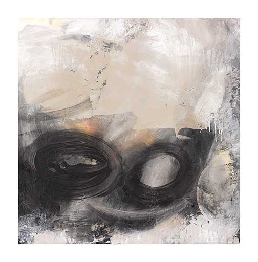 Expressive abstract painting with stormy blacks, smoky grays, and textured drips conveying emotion and movement.