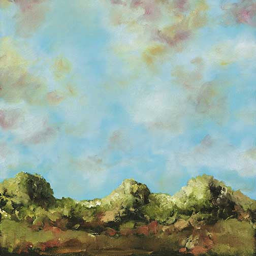 Whimsical mixed media art with scribbled trees, a small hut, and feathers over a poetic landscape composition.