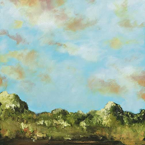 Whimsical mixed media landscape with scribbled trees, a small hut, and feathers in a poetic, nostalgic scene.