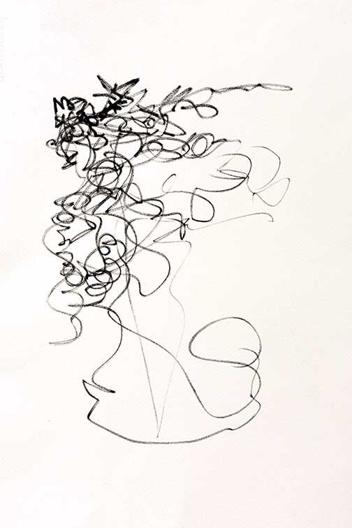 Expressive line drawing with abstract black scribbles showing motion and energy.