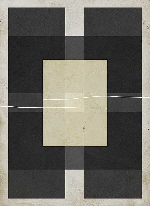 Geometric abstract artwork with black and taupe blocks divided by a white line symbolizing balance and contrast.
