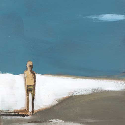 Minimalist beach painting showing a lone figure facing the open sky and calm sea.