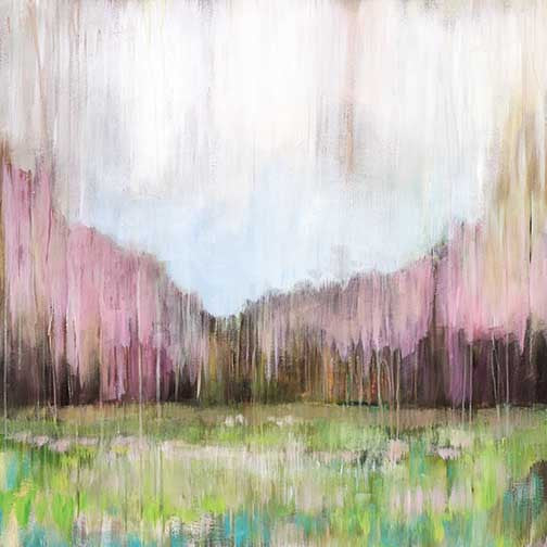 Dreamy landscape painting in pink, green, and sky blue with soft floral haze and abstract texture.