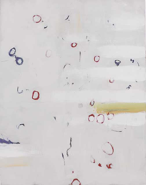 Playful abstract painting with red, blue, and gold circles on a soft white background.