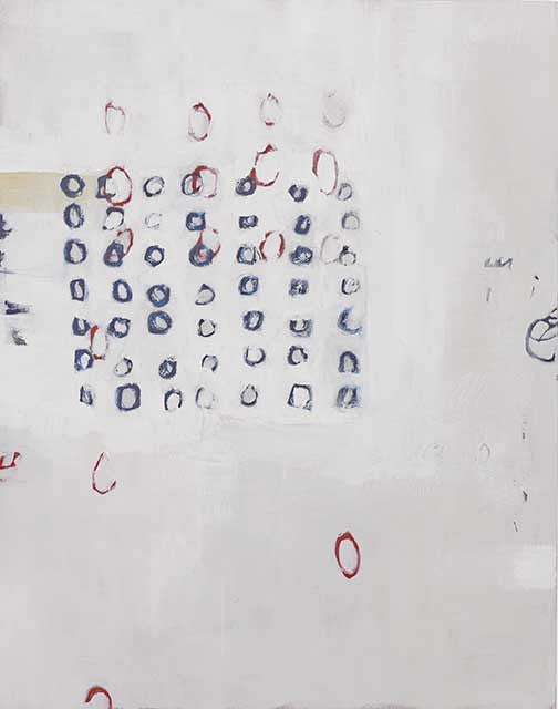 Modern minimalist painting with red, blue, and gold circles on a white background