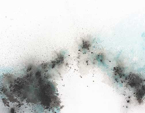 Atmospheric abstract painting with teal and black pigment drifting on a white background.