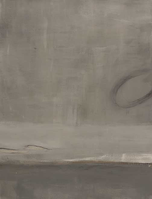 Minimalist abstract landscape in gray and earth tones with subtle linework.
