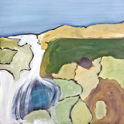 Modern abstract landscape featuring earthy tones and puzzle-like natural forms.